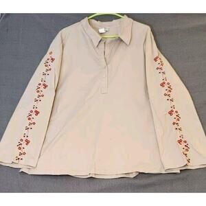 Vintage Y2K 220 Hickory Tan‎ Embroidered Blouse Long Sleeve Top Button Front 2X